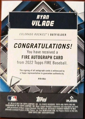 RYAN VILADE 2022 Topps Fire RC Signature AUTO Colorado Rockies Pirates Tigers RV