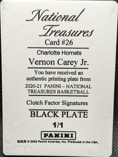 VERNON CAREY JR 2020-21 Panini National Treasures RC PRINTING PLATE #1/1 Hornets