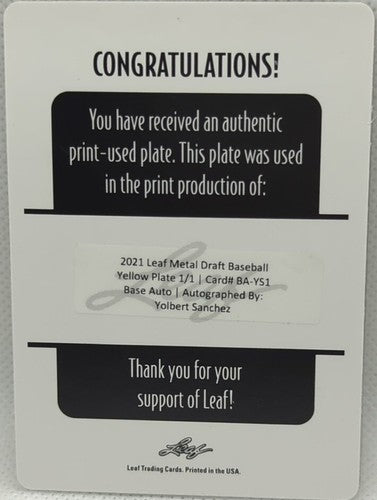 YOLBERT SANCHEZ 2021 Leaf Metal Draft RC AUTO PRINTING PLATE SP 1/1 White Sox of