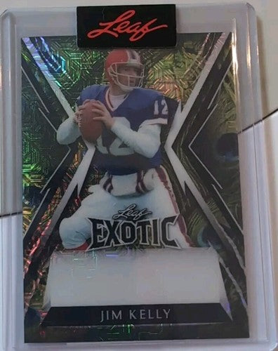 JIM KELLY 2023 Leaf Exotic Pre-Production PROOF PEACOCK MOJO PRIZM SP #1/1 Bills