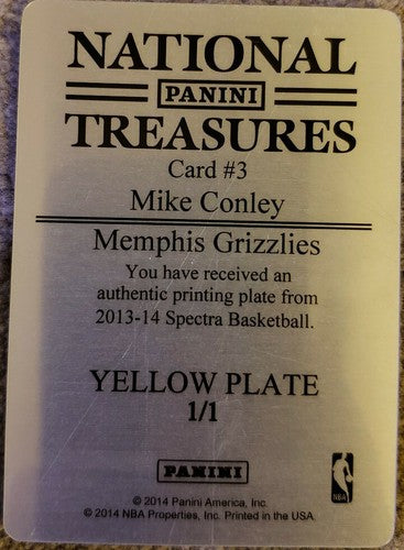 MIKE CONLEY 2013-14 National Treasures PRINTING PLATE 1/1 of 1 Spectra Grizzlies