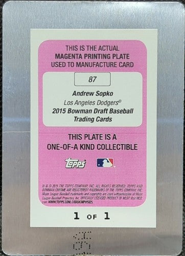 ANDREW SOPKO 2015 Topps Bowman Draft 1st RC PRINTING PLATE SP 1/1 Dodgers One of