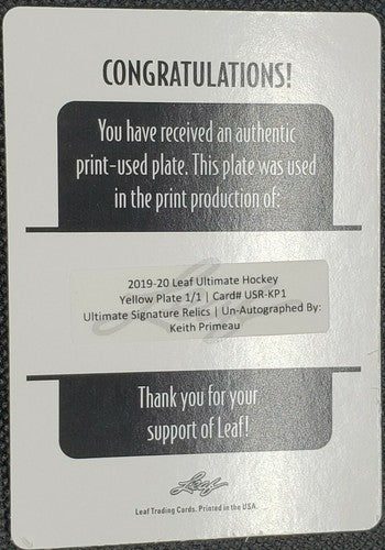 KEITH PRIMEAU 2019-20 Leaf Ultimate Hockey PRINTING PLATE SP #1/1 Flyers Whalers