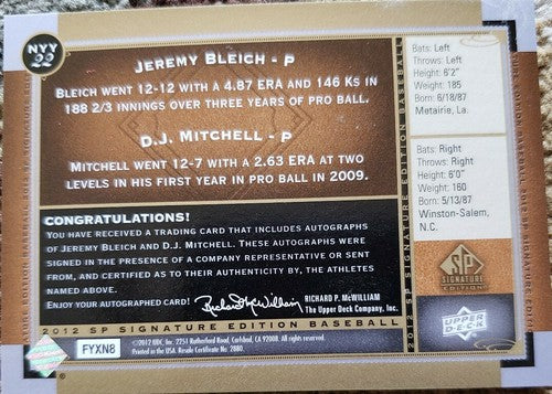 D.J. MITCHELL Jeremy BLEICH 2012 SP Signature Dual Rookie AUTO Autograph Yankees