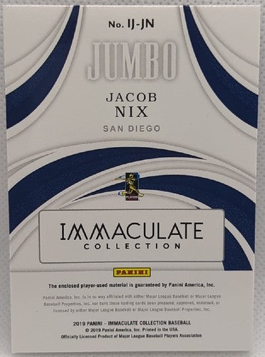 JACOB NIX 2019 Panini Immaculate JUMBO Game Used Jersey NUMBER PATCH 1/10 Padres