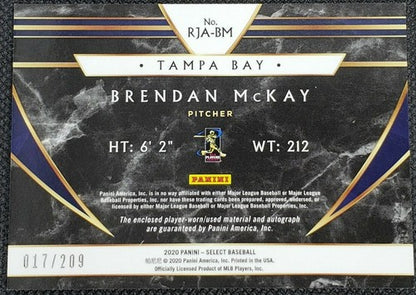 BRENDAN McKAY 2020 Panini Select Rookie DUAL RC AUTO JERSEY Relic SP #/209 Rays