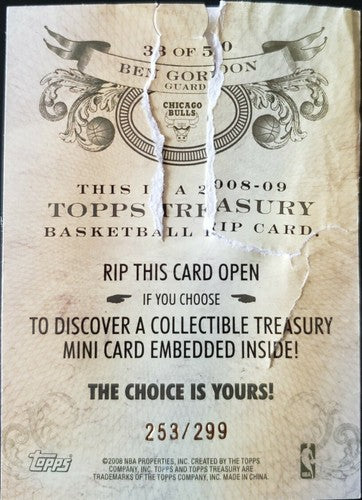 BEN GORDON 2008-09 Topps Treasury Mini RIP Card SP #253/299 Chicago Bulls RIPPED