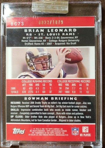 BRIAN LEONARD 2007 Topps Bowman Chrome Sealed Uncirculated #/1079 St. Louis Rams