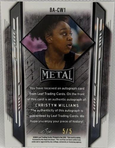 CHRISTYN WILLIAMS 2021-22 Leaf Metal RC AUTO Black Mojo SP #5/5 UConn Mystics