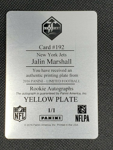 JALIN MARSHALL 2016 Panini Limited RC DUAL AUTO PRINTING PLATE #1/1 Jets One of