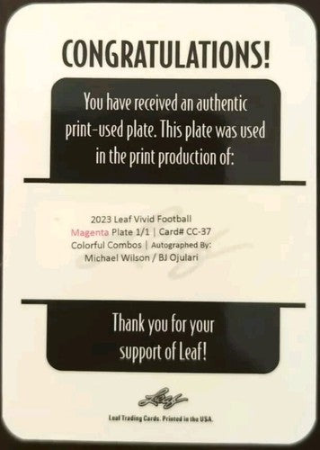 Michael WILSON B. J. OJULARI 2023 Leaf Vivid DUAL AUTO PRINTING PLATE SP #1/1 BJ