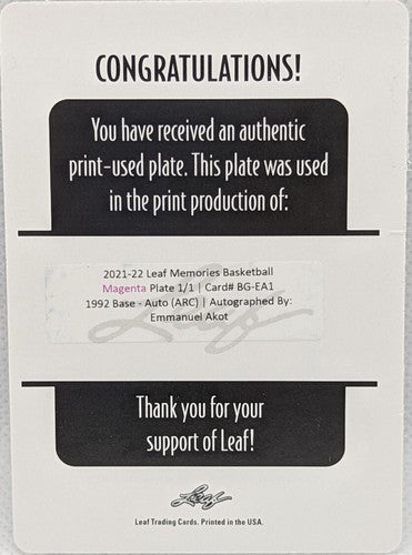 EMMANUEL AKOT 2021-22 Leaf Memories 1992 RC AUTO PRINTING PLATE SP #1/1 One of