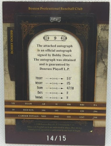 BOBBY DOERR 2008 Playoff Prime Cuts Century Legend AUTO SP #14/15 Boston Red Sox