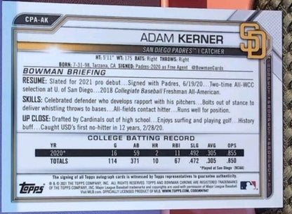 ADAM KERNER 2021 Topps Bowman Chrome Prospect RC AUTO SP Padres Cardinals CPA-AK