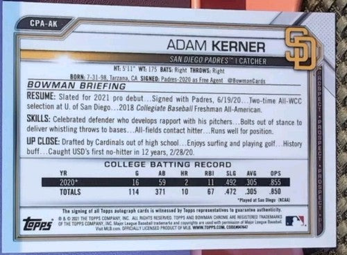 ADAM KERNER 2021 Topps Bowman Chrome Prospect RC AUTO SP Padres Cardinals CPA-AK