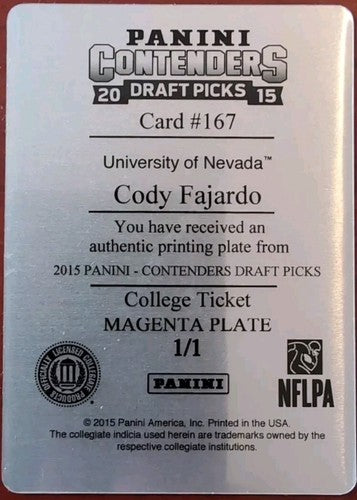 CODY FAJARDO 2015 Panini Contenders RC AUTO PRINTING PLATE SP 1/1 Raiders Nevada