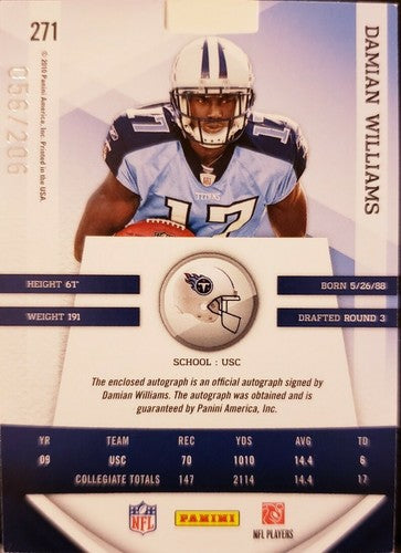 DAMIAN WILLIAMS 2010 Panini Gridiron Gear RC Pull-Out AUTO JERSEY SP /206 Titans