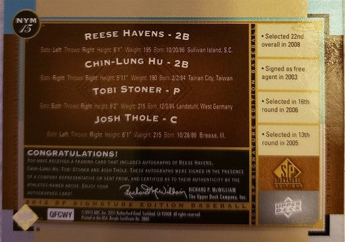 Josh THOLE Tobi STONER Chin-Lung HU Reese HAVENS 2012 SP Signature QUAD AUTO RC