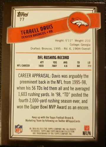 TERRELL DAVIS 2015 Topps Museum Collection Amethyst Purple SP /60 Denver Broncos