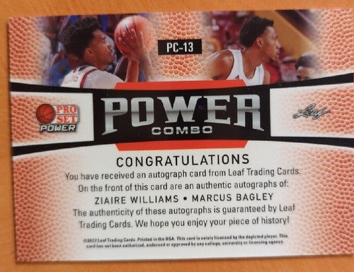 Ziaire WILLIAMS Marcus BAGLEY 2021-22 Leaf Pro Set Power DUAL AUTO Green #1/15
