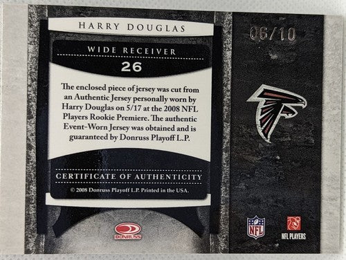 HARRY DOUGLAS 2008 Leaf Limited Team Logo RC Used Jersey PATCH SP #06/10 Falcons