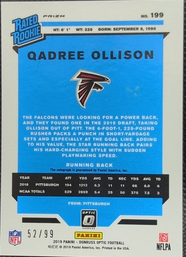 QADREE OLLISON 2019 Panini Donruss Optic Rated RC AUTO Holo Prizm SP /99 Falcons