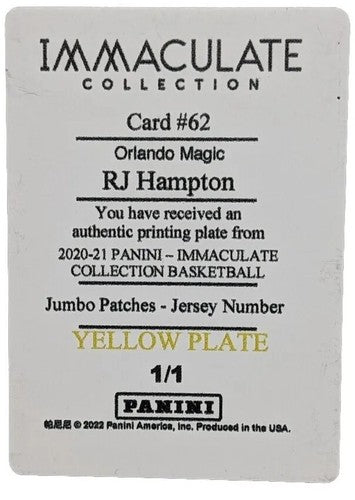 RJ HAMPTON 2020-21 Panini Immaculate Jumbo Patch PRINTING PLATE #1/1 Magic R. J.