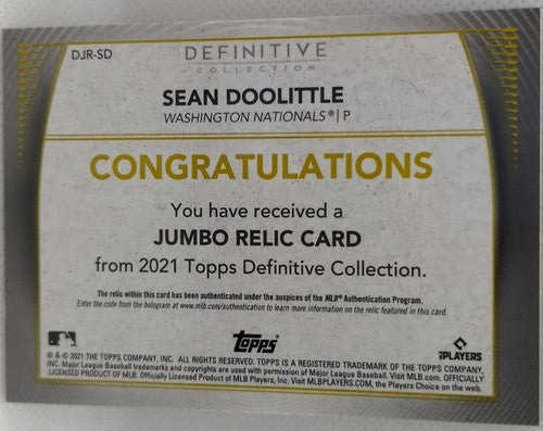 SEAN DOOLITTLE 2021 Topps Definitive JUMBO Game Used Worn JERSEY #/50 Nationals