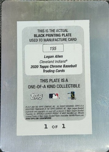 LOGAN ALLEN 2020 Topps Chrome RC PRINTING PLATE #1/1 Cleveland Guardians One of