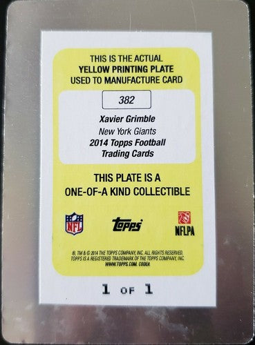 XAVIER GRIMBLE 2014 Topps Rookie Yellow PRINTING PLATE #1/1 of 1 New York Giants
