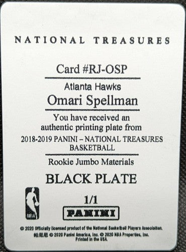 OMARI SPELLMAN 2018-19 Panini National Treasures PRINTING PLATE 1/1 Hawks One of