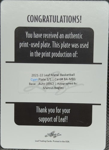 MARCUS BAGLEY 2021-22 Leaf Metal RC AUTO PRINTING PLATE SP #1/1 ASU One of