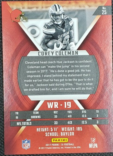 COREY COLEMAN 2017 Panini XR Football BLACK SP #1/1 Cleveland Browns #25 One of