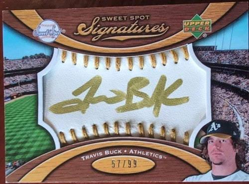 TRAVIS BUCK 2007 UD Sweet Spot GOLD INK STITCH LACES AUTO BALL PATCH SP #/99 A's