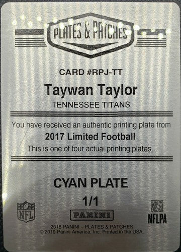 TAYWAN TAYLOR 2017 Panini Limited RC PRINTING PLATE SP #1/1 Titans 2018 Patches
