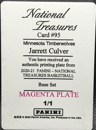 JARRETT CULVER 2020-21 Panini National Treasures PRINTING PLATE SP 1/1 Wolves of