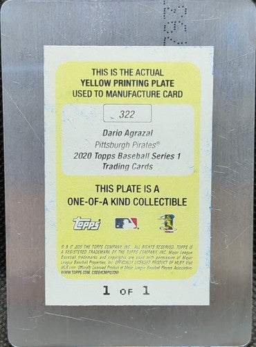 DARIO AGRAZAL 2020 Topps Series One RC PRINTING PLATE SP #1/1 Pirates D-Backs of