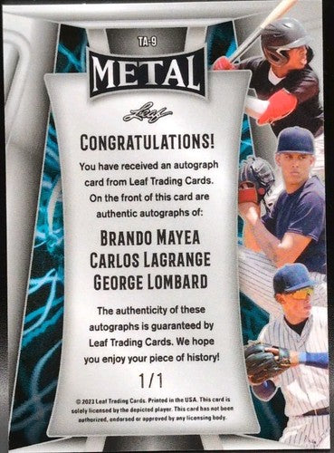 Brando MAYEA George LOMBARD JR LAGRANGE 2023 Leaf Metal TRIPLE AUTO #1/1 Yankees