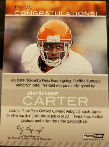 DELONE CARTER 2011 Press Pass Rookie AUTO Autograph Inscription Colts Syracuse