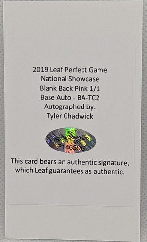 TYLER CHADWICK 2019 Leaf Perfect Game RC Base AUTO Blank Back PINK SP #1/1 Miami