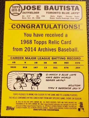 JOSE BAUTISTA 2014 Archives 1968 The Topps News Game Used Bat Relic Blue Jays SP