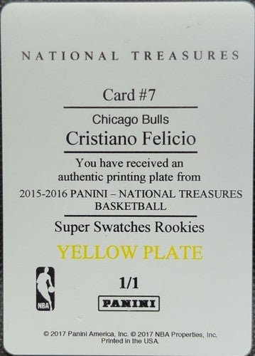 CRISTIANO FELICIO 2015-16 Panini National Treasures RC PRINTING PLATE #1/1 Bulls