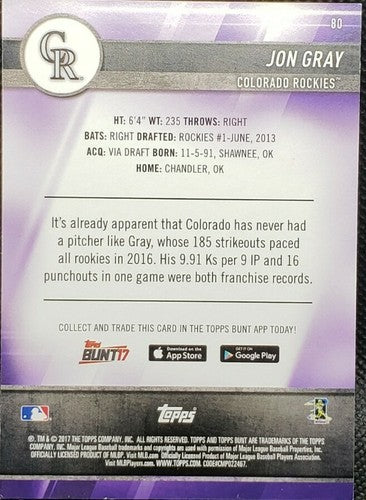 JON GRAY 2017 Topps Bunt Physical RED PARALLEL SP #1/1 Rockies Jonathan One of