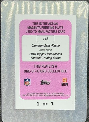 CAMERON ARTIS-PAYNE 2015 Topps Field Access RC AUTO PRINTING PLATE #1/1 Panthers
