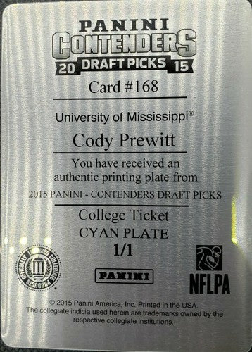 CODY PREWITT 2015 Panini Contenders RC AUTO PRINTING PLATE SP #1/1 Titans One of