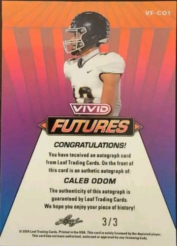 CALEB ODOM 2024 Leaf Vivid Futures AUTO Orange Mojo SP #3/3 Alabama Crimson Tide