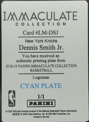 DENNIS SMITH JR. 2018-19 Panini Immaculate LOGOMAN PRINTING PLATE SP 1/1 Blazers