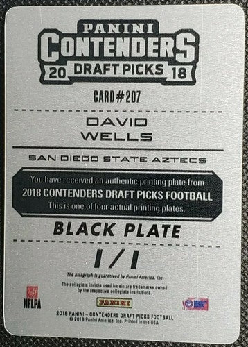 DAVID WELLS 2018 Panini Contenders Draft Picks RC AUTO PRINTING PLATE SP #1/1
