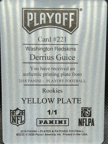DERRIUS GUICE 2018 Panini Playoff RC PRINTING PLATE SP #1/1 Washington One of