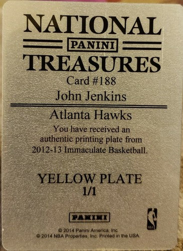 JOHN JENKINS 2012-13 Immaculate Collection Patch PRINTING PLATE #1/1 of 1 Hawks